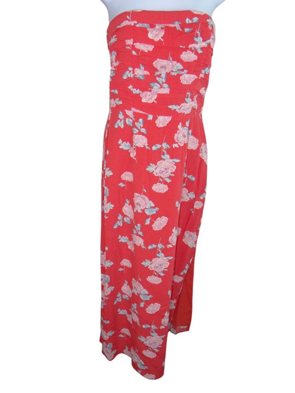 WAYF‎ Red Pink Rose Floral Strapless Maxi Dress Smocked Back 2734